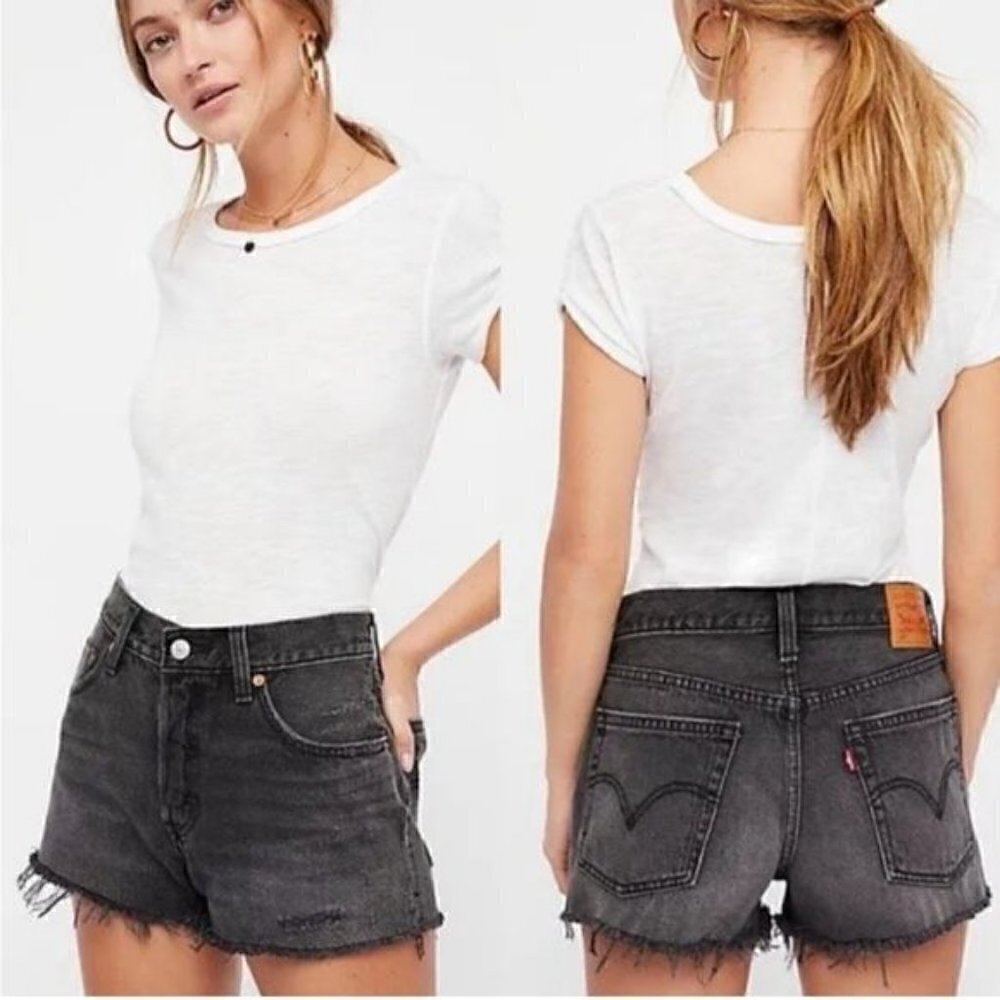 Levis 501 Big E High Rise Cut Off Shorts Washed Trashed Black Sz 26